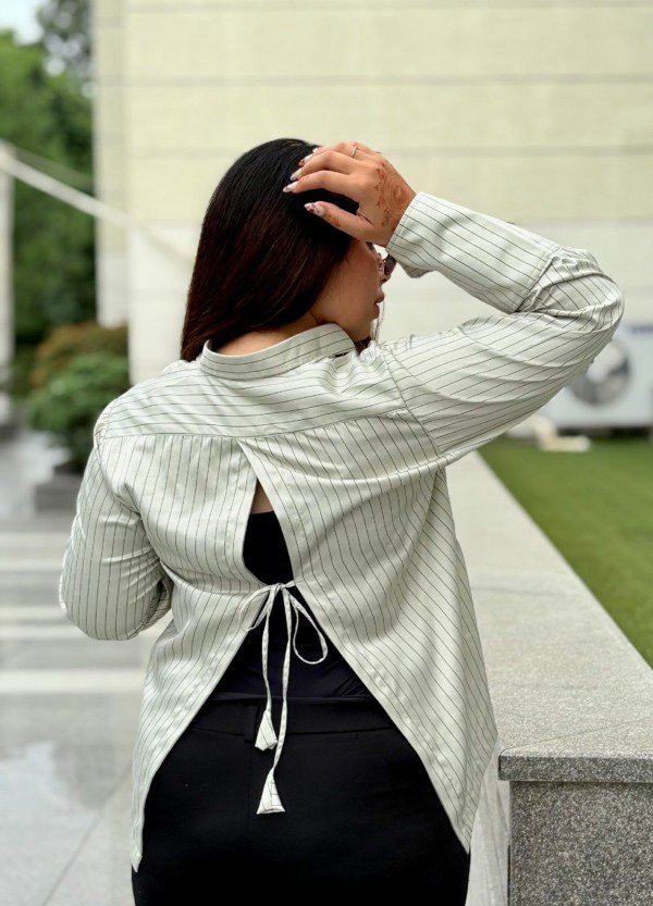 Sage split & Striped back- tie shirt